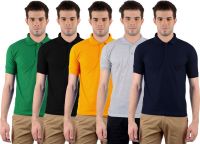 Gdivine Solid Men's Polo Neck Green, Black, Gold, Grey, Dark Blue T-Shirt(Pack of 5)