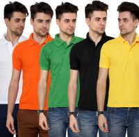 Grand Bear Solid Men's Polo Neck Orange, Black, Green, Yellow, White T-Shirt(Pack of 5)