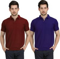 Krazy Katz Solid Men's Polo Neck Maroon, Blue T-Shirt(Pack of 2)