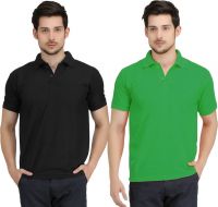 Krazy Katz Solid Men's Polo Neck Black, Light Green T-Shirt(Pack of 2)