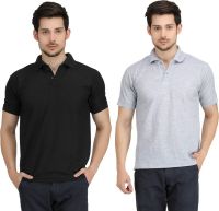 Krazy Katz Solid Men's Polo Neck Grey, Black T-Shirt(Pack of 2)