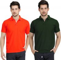 Krazy Katz Solid Men's Polo Neck Red, Dark Green T-Shirt(Pack of 2)