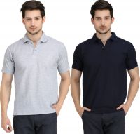 Krazy Katz Solid Men's Polo Neck Grey, Dark Blue T-Shirt(Pack of 2)