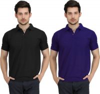 Krazy Katz Solid Men's Polo Neck Black, Blue T-Shirt(Pack of 2)