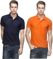 Lambency Solid Men's Polo Neck Dark Blue, Orange T-Shirt(Pack of 2)