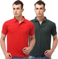 Lime Solid Men's Polo Neck Red, Dark Green T-Shirt(Pack of 2)