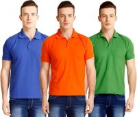 Nimya Solid Men's Polo Neck Orange, Blue, Green T-Shirt(Pack of 3)