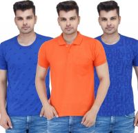 Stylogue Solid, Printed Men's Polo Neck, Round Neck Multicolor T-Shirt(Pack of 3)