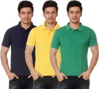 TeeMoods Solid Men's Polo Neck Dark Blue, Green, Yellow T-Shirt(Pack of 3)
