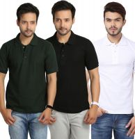 Weardo Solid Men's Polo Neck Black, White, Green T-Shirt(Pack of 3)