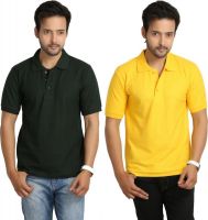 Weardo Solid Men's Polo Neck Yellow, Dark Green T-Shirt(Pack of 2)
