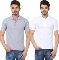 Weardo Solid Men's Polo Neck White, Grey T-Shirt(Pack of 2)