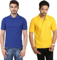 Weardo Solid Men's Polo Neck Yellow, Blue T-Shirt(Pack of 2)