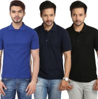 Weardo Solid Men's Polo Neck Black, Blue, Dark Blue T-Shirt(Pack of 3)
