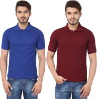 Weardo Solid Men's Polo Neck Maroon, Blue T-Shirt(Pack of 2)