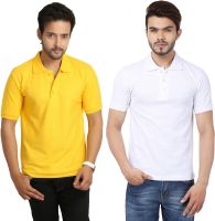 Weardo Solid Men's Polo Neck White, Yellow T-Shirt(Pack of 2)