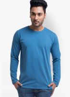 Cult Fiction Blue Solid Round Neck T-Shirts