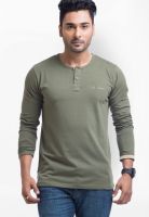 Cult Fiction Olive Solid Henley T-Shirts