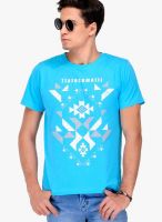 Yepme Aqua Blue Printed Round Neck T-Shirts