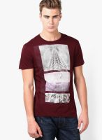 Gas Maroon Printed Round Neck T-Shirts