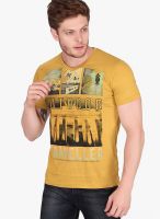 Fritzberg Mustard Yellow Printed Round Neck T-Shirts
