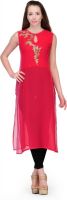 Just Wow Wedding, Party Embellished, Embroidered Women's Kurti(Red)