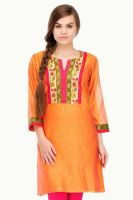 Fuchsia Designs Printed, Woven, Embroidered Women's Straight Kurta(Orange)