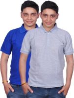 Gdivine Solid Men's Polo Neck Blue, Grey T-Shirt(Pack of 2)