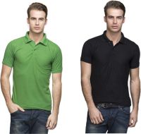 Lambency Solid Men's Polo Neck Green, Black T-Shirt(Pack of 2)