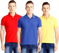 Nimya Solid Men's Polo Neck Blue, Red, Yellow T-Shirt(Pack of 3)