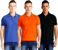 Nimya Solid Men's Polo Neck Orange, Blue, Black T-Shirt(Pack of 3)