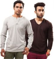 Unisopent Designs Solid Men's Henley, V-neck Grey, Black T-Shirt(Pack of 2)