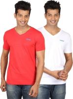 Poshuis Solid Men's V-neck Red, White T-Shirt(Pack of 2)