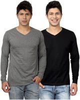 Top Notch Solid Men's V-neck Grey, Black T-Shirt(Pack of 2)