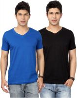 Top Notch Solid Men's V-neck Blue, Black T-Shirt(Pack of 2)