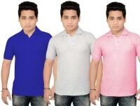 BrandTrendz Solid Men's Polo Neck Blue, Grey, Pink T-Shirt(Pack of 3)