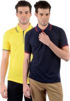 Gdivine Self Design Men's Polo Neck Yellow, Dark Blue T-Shirt(Pack of 2)