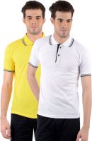 Gdivine Self Design Men's Polo Neck Yellow, White T-Shirt(Pack of 2)