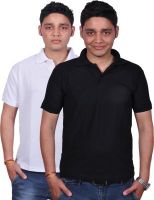 Gdivine Solid Men's Polo Neck White, Black T-Shirt(Pack of 2)