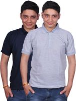 Gdivine Solid Men's Polo Neck Dark Blue, Grey T-Shirt(Pack of 2)