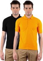 Gdivine Solid Men's Polo Neck Gold, Black T-Shirt(Pack of 2)