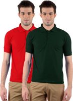 Gdivine Solid Men's Polo Neck Red, Dark Green T-Shirt(Pack of 2)