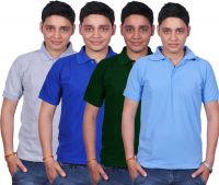 Gdivine Solid Men's Polo Neck Grey, Blue, Dark Green, Light Blue T-Shirt(Pack of 4)