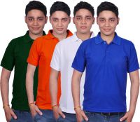 Gdivine Solid Men's Polo Neck Dark Green, Orange, White, Blue T-Shirt(Pack of 4)