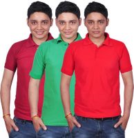 Gdivine Solid Men's Polo Neck Maroon, Green, Red T-Shirt(Pack of 3)