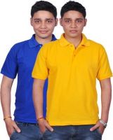 Gdivine Solid Men's Polo Neck Blue, Yellow T-Shirt(Pack of 2)