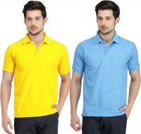 Krazy Katz Solid Men's Polo Neck Yellow, Light Blue T-Shirt(Pack of 2)