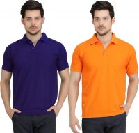 Krazy Katz Solid Men's Polo Neck Blue, Orange T-Shirt(Pack of 2)