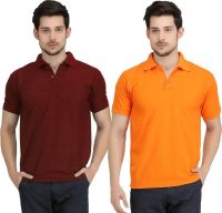 Krazy Katz Solid Men's Polo Neck Maroon, Orange T-Shirt(Pack of 2)