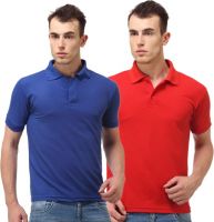 Lime Solid Men's Polo Neck Blue, Red T-Shirt(Pack of 2)